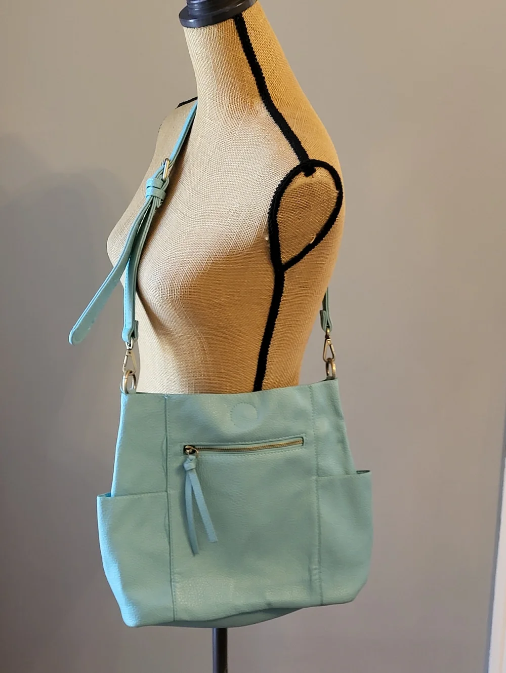 Kayleigh Side Pocket Bucket Bag Aquamarine Pebbled Vegan Leather